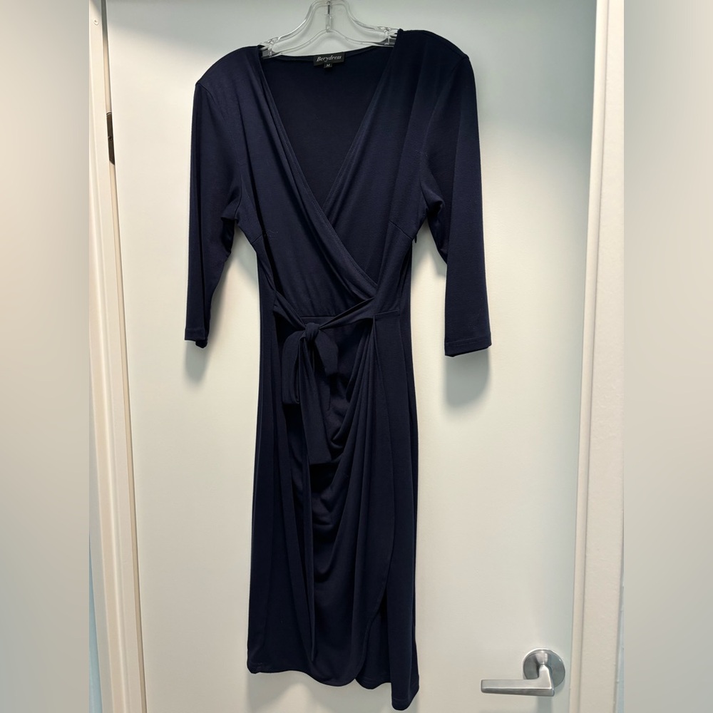 Navy Faux Wrap Cotton Blend Dress